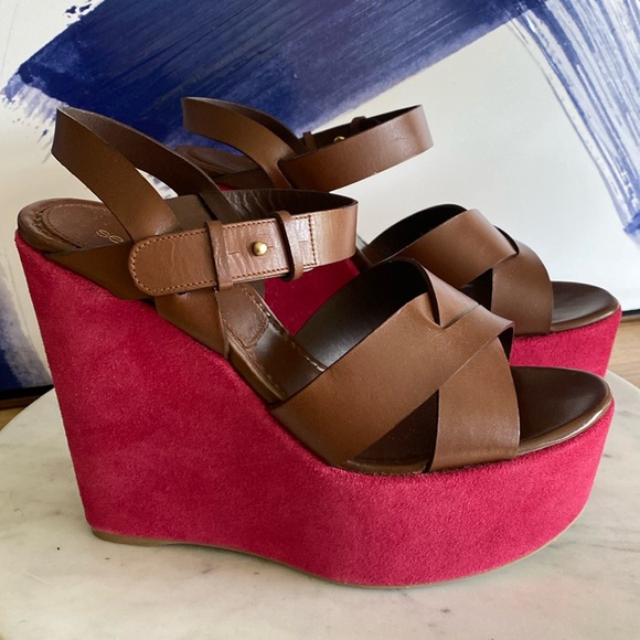 NEW SERGIO ROSSI Brown Leather & Berry Suede Platform Wedge Sandals Size 38 1/2 - Picture 1 of 17
